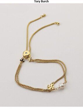 Tory Burch Gold Pearl Slider Chain Bracelet